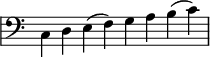 {
\override Staff.TimeSignature #'stencil = ##f
\override Score.SystemStartBar #'collapse-height = #1
\clef bass \time 8/4 \stemDown c d e (f) g a b (c')
}