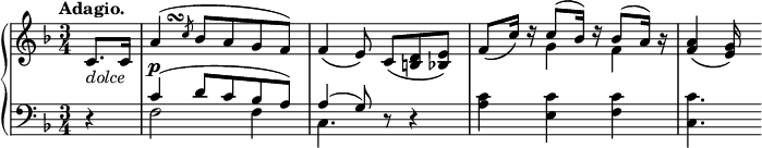  \relative c' {  \new PianoStaff <<   \new Staff { \key f \major \time 3/4 \tempo "Adagio." \partial 4    <<     {      \override TextScript #'avoid-slur = #'inside      \override TextScript #'outside-staff-priority = ##f      c8. c16 a'4^\markup          \override #'(baseline-skip . 1) {      \halign #-3      \musicglyph #"scripts.turn"      }( \slashedGrace c8 bes8 a g f) f4_\( e8\) c_\([ <d b> <e bes>]\)      f_\( c'16\) d\rest c8( bes16) d\rest bes8( a16) b\rest <a f>4_\( <g e>16\)     }    \\     { s4 s 2. s s4 g4 f }    >>   }   \new Dynamics {    s4_\markup \italic dolce s\p   }   \new Staff { \key f \major \time 3/4 \clef bass    <<     { d,4\rest c'( d8 c bes a) a4( g8) d8\rest d4\rest }    \\     { s4 f2 f4 c4. s <c' a>4 <c e,> <c f,> <c c,>4. }    >>   }  >> }