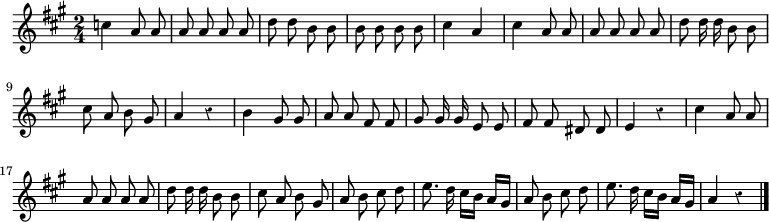 
\relative c'' {
  \key a \major
  \time 2/4
  \autoBeamOff
  \override Rest #'style = #'classical
  c4 a8 a
  a a a a
  d d b b
  b b b b
  cis4 a
  cis a8 a
  a a a a
  d d16 d b8 b

  cis a b gis
  a4 r
  b4 gis8 gis
  a a fis fis
  gis gis16 gis e8 e
  fis fis dis dis
  e4 r
  cis' a8 a
  a a a a

  d d16 d b8 b
  cis a b gis
  a b cis d
  e8. d16 cis[ b] a[ gis]
  a8 b cis d
  e8. d16 cis[ b] a[ gis]
  a4 r
  \bar "|."
}
