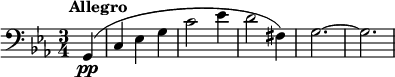 
\ new Pisteet { #(set-default-paper-size "b6") \ new Staff {\ relative c, {\ set Staff.midiInstrument = #"sello" \ time 3/4 \ key c \ minor \ clef "bass_8 "\ jätä pois Staff.ClefModifier \ tempo 4 = 240 \ jätä Score.MetronomeMark \ osittainen 4 g^\ merkintä {\ halign #-0,5 \ bold" Allegro "} (\ pp | c ees g | c2 ees4 | d2 fis, 4 ) |  g2. ~ |  g2.  }}}
