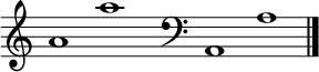 
\new Staff \with
{
  \omit TimeSignature
  fontSize = #2
  \override StaffSymbol.staff-space = #1.25
  \override StaffSymbol.thickness = #1.25
  \override Clef.full-size-change = ##t
  \override BarLine.hair-thickness = #2.4
  \override BarLine.thick-thickness = #7.5
  \override BarLine.kern = #3.75
  \override BarLine.transparent = ##t
}
{
  \time 18/8
  \clef treble
  s8
  a'1 a''
  s8
  \grace s8
  \clef bass
  \bar "|"
  s8
  a,1 a
  \override Staff.BarLine.transparent = ##f
  \bar "|."
}
