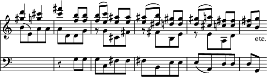 { \override Score.TimeSignature #'stencil = ##f \override Score.Rest #'style = #'classical << \new Staff { \time 2/4 \key c \major << \new Voice { \relative d''' { \stemUp <d gis,>4 <cis g> | <c fis> <b f>8 q | q^( <c e,>) <ais e> q | q^( <b dis,>) <gis d> q | q^( <a! cis,>) <fis c> q | q <g b,>_\markup { \halign #-1 "etc." } } }
\new Voice { \relative b' { \stemDown b8([ e,) a a] | a[ d, d g] | r g[ cis, fis] | r fis[ b, e] | r e[ a, d] } } >> }
\new Staff { \clef bass s2 r4 g8 g | g[ c fis fis] | fis[ b, e e] | e([ a,) d d] | d[ g,] } >> }