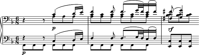 
 \relative c' {
 \new PianoStaff <<
 \new Staff { \key d \minor \time 6/8 \clef bass
 <<
 { d,4\rest d8\rest c'4( d16 e) f4 f8 f8.( g32 f) e16-.( f-.) <fis fis,>8( <g g,>4) }
 \\
 { s4 s8 a,8 a a <c a> <c a> <c a> <c a> <c a> <c a> <c bes> <c bes> <c bes> }
 >>
 }
 \new Dynamics {
 s4 s8 s4._\markup \dynamic p s2. s4._\markup \dynamic rf
 }
 \new Staff { \key d \minor \time 6/8 \clef bass
 <<
 { f,4\rest f8\rest c4( d16 e) f4 f8 f8.( g32 f) e16-.( f-.) <c e,>8 <c e,> <c e,> }
 \\
 { f,8\p f f f f f | f f f f f f }
 >>
 }
 >>
 }
