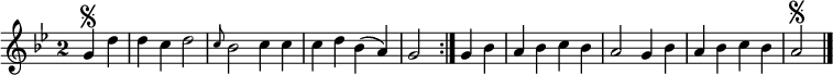 
\relative c'' {
  \key g \minor
  \override Staff.TimeSignature #'style = #'single-digit
  \time 2/2
  \partial 2
  \repeat volta 2 {
    g\segno d'
    d c d2
    \grace c8 bes2 c4 c
    c d bes( a)
    g2
  }
  g4 bes
  a bes c bes
  a2 g4 bes
  a bes c bes
  a2\segno
  \bar "|."
}
