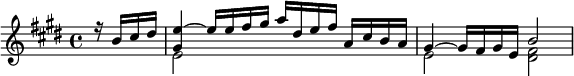 { \time 4/4 \key e \major \partial 4 \relative b' << { r16 b cis dis | <e gis,>4 ~ e16 e fis gis a dis, e fis a, cis b a | gis4 ~ gis16 fis gis e b'2 } \\ { s4 | e,2 s | e <fis dis> } >> }