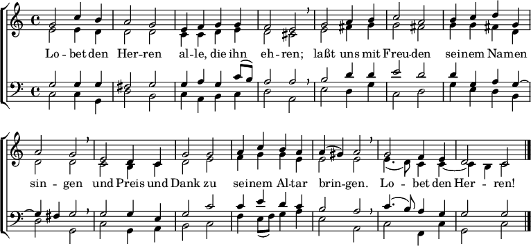 
% From https://www.johann-crueger.de/praktische-ausgaben/lobet-den-herren-alle-die-ihn-ehren_crueger-1657-58_131_eg-447.pdf
\header { tagline = ##f }
\layout { indent = 0
 \context { \Score \remove "Bar_number_engraver" }
 \context { \Voice \remove "Dynamic_engraver" }
}
global = { \key c \major \time 4/4 }
soprano = { \global \set Staff.midiPanPosition = -0.5 \set midiInstrument = "flute"
 g'2 c''4 b'4 | a'2 g'2 | e'4 f'4 g'4 g'4 | f'2 e'2 | \breathe
 g'2 a'4 b'4 | c''2 a'2 | b'4 c''4 d''4 g'4 | a'2 g'2 | \breathe
 e'2 d'4 c'4 | g'2 g'2 | a'4 c''4 b'4 a'4 | a'4 ( gis'4 ) a'2 | \breathe g'2 f'4 e'4 | d'2 c'2 \bar "|."
}
alto = { \global \set Staff.midiPanPosition = 0.5 \set midiInstrument = "oboe"
 e'2 e'4 d'4 | d'2 d'2 | c'4 c'4 d'4 e'4 | d'2 cis'2 \breathe
 e'2 fis'4 g'4 | g'2 fis'2 | g'4 g'4 fis'4 d'4 | d'2 d'2 \breathe
 c'2 b4 c'4 | d'2 e'2 | f'4 g'4 g'4 e'4 | e'2 e'2 \breathe | e'4. (d'8) c'4 c'4~ | c'4 b4 c'2
}
tenor = { \global \set Staff.midiPanPosition = -1 \set midiInstrument = "clarinet"
 g2 g4 g4 | fis2 g2 | g4 a4 g4 c'8 (b8) | a2 a2 | \breathe
 b2 d'4 d'4 | e'2 d'2 | d'4 g4 a4 g4~ | g4 fis4 g2 | \breathe
 g2 g4 e4 | g2 c'2 | c'4 e'4 d'4 c'4 | b2 a2 | \breathe c'4. (b8) a4 g4 | g2 g2
}
bass = { \global \set Staff.midiPanPosition = 1 \set midiInstrument = "bassoon"
 c2\ffff c4 g,4 | d2 b,2 | c4 a,4 b,4 c4 | d2 a,2 | \breathe
 e2 d4 g4 | c2 d2 | g4 e4 d4 b,4 | d2 g,2 | \breathe
 c2 g,4 a,4 | b,2 c2 | f4 e8 (f8) g4 a4 | e2 a,2 | \breathe c2 f,4 c4 | g,2 c2
}
verse = \lyricmode {
 Lo -- bet den Her -- ren al -- le, die ihn eh -- ren;
 laßt uns mit Freu -- den sei -- nem Na -- men sin -- gen
 und Preis und Dank zu sei -- nem Al -- tar brin -- gen.
 Lo -- bet den Her -- ren!
}
\score {
 \new ChoirStaff <<
 \new Staff \with {
 % midiInstrument = "choir aahs"
 } <<
 \new Voice = "soprano" { \voiceOne \soprano }
 \new Voice = "alto" { \voiceTwo \alto }
 >>
 \new Lyrics \with {
 \override VerticalAxisGroup #'staff-affinity = #CENTER
 } \lyricsto "soprano" \verse
 \new Staff \with {
 % midiInstrument = "choir aahs"
 } <<
 \clef bass
 \new Voice = "tenor" { \voiceOne \tenor }
 \new Voice = "bass" { \voiceTwo \bass }
 >>
 >>
 \layout { }
 \midi { \tempo 4=136
 \context { \Score midiChannelMapping = #'instrument }
 \context { \Staff \remove "Staff_performer" }
 \context { \Voice \consists "Staff_performer" }
 }
}
