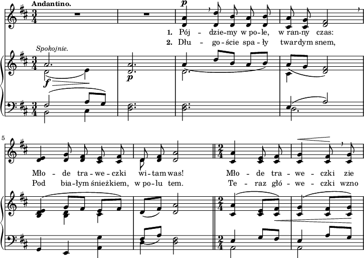 
sVarB = { << { \voiceOne a2.^\markup { \halign #-0.5 \small \italic "Spokojnie." } | <d, a'> | a'4_( d8[b] a[b]) | a_([g] <d fis>2) | <b d e>4( g'8[fis] e[fis]) } \new Voice { \voiceTwo d2_\f_\>( e4\!) | s2._\p | d2. | cis4 s2 | s4 <b d> cis } >> | \oneVoice d8([fis]) <d a'>2 \bar "||" \time 2/4 <cis a'>4^( <cis e>8[<cis fis>_\<]) | <cis g'>4^( <cis fis>8[<cis g'>\!]) | }

sVarA = { R2.*2 | <d a'>4^\p \breathe <d d'>8 <d b'> <d a'> <d b'> | <cis a'> <cis g'> <d fis>2 \breathe | % w1
<d e>4 <d g>8 <d fis> <cis e> <cis fis> | << { \voiceOne d } \new Voice { \voiceTwo d } >> \oneVoice <d fis> <d a'>2 \bar "||" \time 2/4 <cis a'>4 <cis e>8 <cis fis> | <cis g'>4^\< <cis fis>8\! \breathe <cis g'> | }

lVarA = \lyricmode { \set stanza = "1. " Pój -- dzie -- my w_po -- le, w_ran -- ny czas: Mło -- de tra -- we -- czki wi -- tam was! Mło -- de tra -- we -- czki zie -- }

lVarB = \lyricmode { \set stanza = "2. " Dłu -- go -- ście spa -- ły twar -- dym snem, Pod bia -- łym śnież -- kiem, w_po -- lu tem. Te -- raz głó -- we -- czki wzno -- }

sVarC = { << { \voiceOne fis2( a8[g]) } \new Voice { \voiceTwo b,2 cis4 } >> | \oneVoice <d fis>2. | <d fis>2. | << { \voiceOne e4( a2) } \new Voice { \voiceTwo d,2. } >> | % w1
\oneVoice g,4 e <a g'> | << { \voiceOne fis'8_([a]) } \new Voice { \voiceTwo d,4 } >> \oneVoice <d fis>2 \bar "||" \time 2/4 << { \voiceOne e4 g8[fis] | e4 a8[g] } \new Voice { \voiceTwo a,2 | a } >> | \oneVoice }

\paper { #(set-paper-size "a4")
 oddHeaderMarkup = "" evenHeaderMarkup = "" }
\header { tagline = ##f }
\version "2.18.2"
\score {
\midi {  }
\layout { line-width = #180
indent = 0\cm}
<<
  \new Staff { \clef "violin" \key d \major \time 3/4 \tempo \markup { \small \bold "Andantino." } \autoBeamOff \relative d' { \sVarA } }
  \addlyrics { \small \lVarA }
  \addlyrics { \small \lVarB }
  \new PianoStaff <<
    \new Staff = "up" { \clef "violin" \key d \major \time 3/4 \relative a' { \sVarB } }
    \new Staff = "down" { \clef "bass" \key d \major \time 3/4 \relative f { \sVarC } }
  >>
>> }