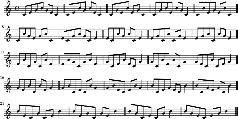 
{
\clef treble
\key c \major 
\time 4/4

c'8 e' g' b' g' e' c'4 \bar "||" c'8 e' b' g' b' e' c'4 \bar "||" c'8 g' e' b' e' g' c'4 \bar "||" c'8 g' b' e' b' g' c'4 \bar "||" c'8 b' e' g' e' b' c'4 \bar "||" c'8 b' g' e' g' b' c'4 \bar "||" e'8 c' g' b' g' c' e'4 \bar "||" e'8 c' b' g' b' c' e'4 \bar "||" e'8 g' c' b' c' g' e'4 \bar "||" e'8 g' b' c' b' g' e'4 \bar "||" e'8 b' c' g' c' b' e'4 \bar "||" e'8 b' g' c' g' b' e'4 \bar "||" g'8 c' e' b' e' c' g'4 \bar "||" g'8 c' b' e' b' c' g'4 \bar "||" g'8 e' c' b' c' e' g'4 \bar "||" g'8 e' b' c' b' e' g'4 \bar "||" g'8 b' c' e' c' b' g'4 \bar "||" g'8 b' e' c' e' b' g'4 \bar "||" b'8 c' e' g' e' c' b'4 \bar "||" b'8 c' g' e' g' c' b'4 \bar "||" b'8 e' c' g' c' e' b'4 \bar "||" b'8 e' g' c' g' e' b'4 \bar "||" b'8 g' c' e' c' g' b'4 \bar "||" b'8 g' e' c' e' g' b'4 \bar "||"

\bar "|." 
}
