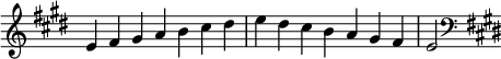   {\ override Score.TimeSignature #'stencil = ## f \ relative c' {\ clef diskant \ key e \ major \ time 7/4 e4 fis gis ab cis dis e dis cis ba gis fis e2 \ clef bass \ key e \ major}}
