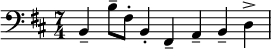 \relative c {\key b \minor \time 7/4  \clef bass b-- b'8-- fis-. b,4-. fis-- a-- b-- d->} 