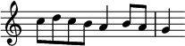 \relative c'' { \key c \major \time 2/2 \override Score.TimeSignature #'stencil = ##f c8 d c b a4 b8 a | g4 }