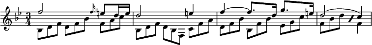 { \time 3/4 \key bes \major << \relative f'' { f2 \grace f16 e8 d16 e | d2 e4 | f4 ~ f8. d16 g8. e16 | d2( c4) } \\ \relative b { bes8*2/3 d f d f bes f a c | bes, d f d bes f c' f a | d, f bes bes, f' bes ees, g c | \repeat percent 2 { f,8*2/3 bes d } f,4 } >> }