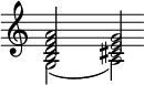 
\language "italiano"
\relative do'' {
  \override Staff.TimeSignature #'stencil = ##f
  \clef treble
  \cadenzaOn
  \key do \major
  <<  {
        \voiceOne
        <la fa re si>2 s2 <sol mi dod>2
      }
      \new Voice {
        \voiceTwo
        sol,2( s2 ( la2) 
      }
    >>
}
\header { tagline = ##f}
\paper {
  indent = 0
  line-width = #120
}
