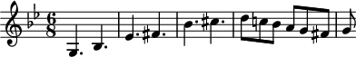 
\header {
  tagline = ##f
}

\score {
  \new Staff \with {

  }
<<
  \relative c'' {
    \key bes \major
    \time 6/8
    \tempo 4. = 80
    \set Staff.midiInstrument = #"harpsicord" 
    \override TupletBracket #'bracket-visibility = ##f 
    %\autoBeamOff

     %% K30 thème
    g,4. bes ees fis bes cis d8 c! bes a g fis g
     

  }
>>
  \layout {
     \context { \Score \remove "Metronome_mark_engraver" }
  }
  \midi {}
}
