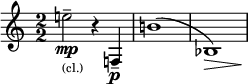 
\relative c'' {
  \clef treble \override Staff.TimeSignature.style = #'numbered \time 2/2
  \set Score.tempoHideNote = ##t \tempo 2 = 50 \accidentalStyle dodecaphonic
  \set Staff.midiInstrument = "clarinet"
  e2_\markup { \tiny (cl.) }\mp-- r4 f,,\p-- | b'1( | bes,) \> | \!
}
