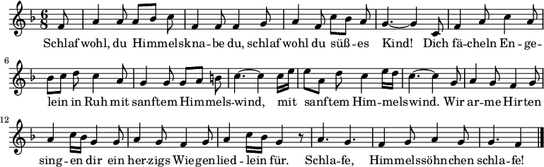  relative f'
{ key f major time 6/8 partial 8 autoBeamOff
f8 | a4 a8 a[ bes] c | f,4 f8 f4 g8 | a4 f8 c'[ bes] a | g4.~ g4 c,8 |
f4 a8 c4 a8 | bes[ c] d c4 a8 | g4 g8 g[ a] b | c4.~ c4 c16[ e] | e8[ a,] d c4 e16[ d] | c4. ~ c4 g8 |
a4 g8 f4 g8 | a4 c16[ bes] g4 g8 | a4 g8 f4 g8 | a4 c16[ bes] g4 r8 |
a4. g | f4 g8 a4 g8 | g4. f4 bar 