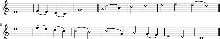 { \override Score.TimeSignature #'stencil = ##f \time 4/4 \relative e' { e1 f4( e) d( c) g'1 \bar "||" a2.( b4) c2 d e f e( d) \bar "||" \break e1 f4( e) d( c) c2( b) \bar "||" c2.( g4) a2 g4( f) e2 d c1 \bar "||" } }