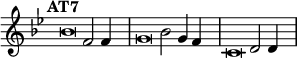 \language "français"
\relative { \key sol \minor \tempo "AT7"   
            \set Score.tempoHideNote = ##t \tempo 4 = 200 \cadenzaOn
            \override Score.TimeSignature.stencil = ##f
            \override Score.SpacingSpanner.common-shortest-duration = #(ly:make-moment 1 2)
\tweak duration-log #-1 \tweak Stem.stencil ##f 
sib'2 fa2 fa4 s4\bar "|"
\tweak duration-log #-1 \tweak Stem.stencil ##f 
sol2 sib2 sol4 fa4 s4\bar "|"
\tweak duration-log #-1 \tweak Stem.stencil ##f 
do2 re2 re4 s4\bar "|"
\cadenzaOff }