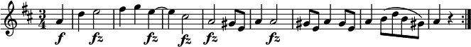 {\ tempo 4 = 132 \ set Score.tempoHideNote = ## t \ set Staff.midiInstrument = "fiolin" \ relativ a '{\ key d \ major \ time 3/4 \ partial 4 a4 \ f |  d4 e2 \ fz |  fis4 ge ~ \ fz |  e4 cis2 \ fz |  a2 \ fz gis8 e |  a4 a2 \ fz |  gis8 e a4 gis8 e |  a4 b8 (db gis) |  a4 r \ bar ": |."  }}