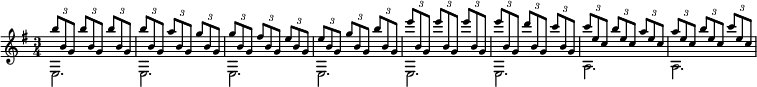   \new Staff \with { midiInstrument = "fx 1 (rain)" \magnifyStaff #5/7 }  \relative e'' {     \set Score.tempoHideNote = ##t    \key e \minor    \time 3/4    \tempo 4 = 116     << {       \voiceOne       \times 2/3 {b'8 b, g} \times 2/3 {b'8 b, g} \times 2/3 {b'8 b, g} \times 2/3 {b'8 b, g} \times 2/3 {a'8 b, g} \times 2/3 {g'8 b, g}       \times 2/3 {g'8 b, g} \times 2/3 {fis'8 b, g} \times 2/3 {e'8 b g} \times 2/3 {e'8 b g} \times 2/3 {g'8 b, g} \times 2/3 {b'8 b, g}       \times 2/3 {e''8 b, g} \times 2/3 {e''8 b, g} \times 2/3 {e''8 b, g} \times 2/3 {e''8 b, g} \times 2/3 {d''8 b, g}       \times 2/3 {c'8 b, g} \times 2/3 {c'8 e, c} \times 2/3 {b'8 e, c} \times 2/3 {a'8 e c} \times 2/3 {a'8 e c} \times 2/3 {b'8 e, c}       \times 2/3 {c'8 e, c}      } \new Voice {       \voiceTwo       e,,2. e e e e e a a2.      }     >>  }