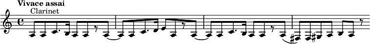 
    \relative c '{\ set Staff.midiInstrument = # "clarinete" \ tempo "Muy animado" \ clef treble a8 [^ "Clarinet" a8 c8.  b16] a8 [a8 r8 a8] ~ a8 [a8 c8.  d16] e8 [a, 8 r8 a8] ~ a8 [a8 c8.  b16] a8 [a8 r8 a8] (fis8 [) fis8 gis8 a8] b8 [a8] r8}

 