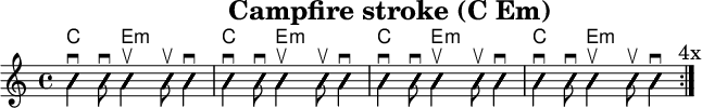 
\version "2.20.0"
\header {
  title="Campfire stroke (C Em)"
  encoder="mjchael"
}

myChords = \new ChordNames { \chordmode {
    c4. e8:m s2 c4. e8:m s2 
    c4. e8:m s2 c4. e8:m s2
}}

Lager_Em_b = {
  <b, g b e'>4 \upbow %+
  <b, g b e'>8 \upbow %+
  <b, g b e'>4 \downbow %4
}

Lager_C_a = {
  <e, c e>4 \downbow
  <g c' e'>8 \downbow 
}


myRhythm = { \repeat volta 4 {
  \Lager_C_a \Lager_Em_b \Lager_C_a \Lager_Em_b
  \Lager_C_a \Lager_Em_b \Lager_C_a \Lager_Em_b
  \mark "4x"
}}

\score { << %layout
  % Chords
  \myChords
  % Slash Notation
  \new Voice \with {
    \consists "Pitch_squash_engraver"
  }{
    \set Staff.midiInstrument = "acoustic guitar (nylon)"
    \improvisationOn
    \override NoteHead.X-offset = 0
    \myRhythm
  }
>> \layout{} }

\score { << % midi
  \unfoldRepeats {
    \tempo 4 = 90
    \time 4/4
    \key d \major
    \set Staff.midiInstrument = #"acoustic guitar (nylon)"
    g,4 a, b,
    \myRhythm 
    <g, b, d g b g,>1 \downbow
  }
>> \midi{} }

\paper {
  indent=0\mm
  line-width=180\mm
  oddFooterMarkup=##f
  oddHeaderMarkup=##f
  % bookTitleMarkup=##f
  scoreTitleMarkup=##f
}
