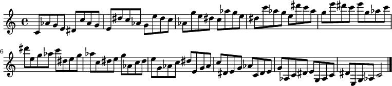 
{

\modalTranspose c c' { c dis e g aes } { c8 aes g e } 
\modalTranspose c dis' { c dis e g aes } { c aes g e } 
\modalTranspose c e' { c dis e g aes } { c aes g e } 
\modalTranspose c g' { c dis e g aes } { c aes g e } 
\modalTranspose c aes' { c dis e g aes } { c aes g e } 
\modalTranspose c c'' { c dis e g aes } { c aes g e } 
\modalTranspose c dis'' { c dis e g aes } { c aes g e } 
\modalTranspose c e'' { c dis e g aes } { c aes g e } 
\modalTranspose c g'' { c dis e g aes } { c aes g e } 

\modalInversion c e''' { c dis e g aes } { c aes g e } 
\modalInversion c dis''' { c dis e g aes } { c aes g e } 
\modalInversion c c''' { c dis e g aes } { c aes g e } 
\modalInversion c aes'' { c dis e g aes } { c aes g e } 
\modalInversion c g'' { c dis e g aes } { c aes g e } 
\modalInversion c e'' { c dis e g aes } { c aes g e } 
\modalInversion c dis'' { c dis e g aes } { c aes g e } 
\modalInversion c c'' { c dis e g aes } { c aes g e } 
\modalInversion c aes' { c dis e g aes } { c aes g e } 
\modalInversion c g' { c dis e g aes } { c aes g e } 
\modalInversion c e' { c dis e g aes } { c aes g e } 
\modalInversion c dis' { c dis e g aes } { c aes g e } 

c'2

\bar "|."
}
