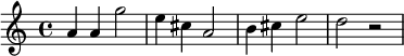 {\set Staff.midiInstrument = #"electric piano 1" a'4 a'4 g''2 e''4 cis''4 a'2 b'4 cis''4 e''2 d''2 r2}