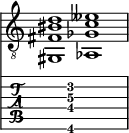  
<<
  %\override Score.BarLine.break-visibility = ##(#f #t #t)
  \time 2/1
    \new Staff  {
    \clef "treble_8"
        \once \override Staff.TimeSignature #'stencil = ##f
        <gis,  fis bis d' >1 | <aes,  ges c' eeses' >1 |
    }

     \new TabStaff {
       \override Stem #'transparent = ##t
       \override Beam #'transparent = ##t 
      s2 <gis,\6  fis\4 c'\3 d'\2 >1 s2
  }
>>
