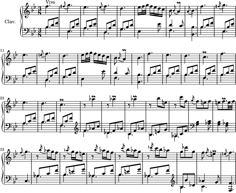 
\version "2.18.2"
\header {
  tagline = ##f
  % composer = "Domenico Scarlatti"
  % opus = "K. 273"
  % meter = "Allegro"
}

%% les petites notes
trillA        = { \tag #'print { a4\prall } \tag #'midi { bes32 a bes a~ a8 } }
trillCp       = { \tag #'print { c4.\prall } \tag #'midi { d32 c d c~ c4 } }
trillAesUp    = { \tag #'print { aes'4\prall } \tag #'midi { bes32 aes bes aes~ aes8 } }
trillE        = { \tag #'print { e4\prall } \tag #'midi { f32 e f e~ e8 } }
appoABesp     = { \tag #'print { \appoggiatura a8 bes4. } \tag #'midi { a4   \tempo 4. = 30 bes8    \tempo 4. = 72 } }
appoFGp       = { \tag #'print { \appoggiatura f8 g4.  } \tag #'midi { f4   \tempo 4. = 30 g8    \tempo 4. = 72 } }
appoEFp       = { \tag #'print { \appoggiatura e8 f4.  } \tag #'midi { e4   \tempo 4. = 30 f8    \tempo 4. = 72 } }
trillFqp      = { \tag #'print { f8.\prall } \tag #'midi { g32 f g f~ f16 } }

% 
upper = \relative c'' {
  \clef treble 
  \key bes \major
  \time 3/8
  \tempo 4. = 72
  \set Staff.midiInstrument = #"harpsichord"
  \override TupletBracket.bracket-visibility = ##f

      s8*0^\markup{Vivo}
      f4. | \appoggiatura fis8 g4. | ees | \appoggiatura ees8 f4. | d | ees16 f32 g f16[ ees d c] | bes8 \appoggiatura bes8 \trillA
      % ms. 8
      \appoABesp | f'4. \acciaccatura fis8 g4. | ees \appoggiatura e8 f4. | d4. | ees16 f32 g f16[ ees d c] | bes8 \appoggiatura bes8 \trillA
      % ms. 16
      \tempo 4. = 40 bes4. \tempo 4. = 72 | \repeat unfold 2 { f'4. | ees d 
      % ms. 24
      \trillCp } | \repeat unfold 3 { r8 \trillAesUp } | r8 bes8 e, | r8 c'8 f, | \acciaccatura g8 f8 e f | e \trillFqp e32 f |
      % ms. 32
      \appoFGp | r8 \acciaccatura bes8 aes16 g f8 | r8 \acciaccatura aes8 g16 f e8 | r8 \acciaccatura bes'8 aes16 g f8 | r8 \acciaccatura c'8 bes16 aes g8 | r8 \acciaccatura des'8 c16 bes aes8 | g des' g, |
      % ms. 39
      f8 \acciaccatura f8 \trillE | \appoEFp |

}

lower = \relative c' {
  \clef bass
  \key bes \major
  \time 3/8
  \set Staff.midiInstrument = #"harpsichord"
  \override TupletBracket.bracket-visibility = ##f

    % **************************************
      \repeat unfold 2 { << { bes8 d f | ees, bes' ees | a, c ees | d, a' d | g, bes d } 
      \\ { \mergeDifferentlyDottedOn bes4. | ees, | a | d, | g } >> | 
      ees4 ees'8 | << { d4 c8 } \\ { f,4. } >>
      % ms. 8
      < bes, bes' >4. }
      % ms. 17
      \repeat unfold 2 { << { bes'8 d f | a, c f | bes,8 d f | f, c' f } 
      \\ { \mergeDifferentlyDottedOn bes,4. | a | bes | f } >> } |   \clef treble 
      % ms. 25
      << { f'8 aes c | des, f aes | c, f aes | bes, e g | aes, c f } \\ { f4. | des | c | bes | aes } >>   \clef bass < g bes >4 < aes c >8 | < g bes >4 < f aes >8 |
      % ms. 32
      c4. | \repeat unfold 2 { << { aes'8 c f | bes, e g } \\ { aes,4. bes } >> } << { aes8 c f | \clef treble bes,8 bes' des, } \\ { aes4. |  \clef treble bes4. } >>
      % ms. 39
      << { aes'4 g8 } \\ { c,4. } >> < f, f' >4.

}

thePianoStaff = \new PianoStaff <<
    \set PianoStaff.instrumentName = #"Clav."
    \new Staff = "upper" \upper
    \new Staff = "lower" \lower
  >>

\score {
  \keepWithTag #'print \thePianoStaff
  \layout {
      #(layout-set-staff-size 17)
    \context {
      \Score
     \override SpacingSpanner.common-shortest-duration = #(ly:make-moment 1/2)
      \remove "Metronome_mark_engraver"
    }
  }
}

\score {
  \keepWithTag #'midi \thePianoStaff
  \midi { }
}

