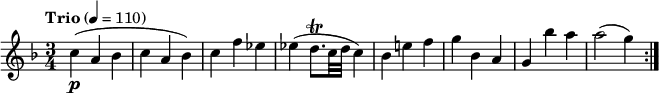 \relative c' {  \version "2.18.2"  \key f \major  \time 3/4  \tempo "Trio" 4 = 110  c'4\p (a bes c a bes)   c f ees  ees (d8.\trill c32 d c4)  bes e! f   g bes, a  g bes' a  a2 (g4)  \bar ":|."}