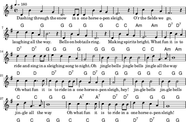  {\language "english" \new PianoStaff \transpose f g << \new Staff\relative c'{\set Staff.midiInstrument= #"lead 2" \clef treble   \key f \major \time 4/4  \tempo 4 = 180
c4 a' g f                | c2. c8 c8        | c4 a' g f            | d2. r4        | d bf' a g             |e2. r4
c'4 c bf g               |a2. r4            |c,4 a' g f            | c2. r4        |c a' g f               |d2. d4 
d bf' a g                |c c c c8 c8       |d4 c bf g             |f2 c'2         |a4 a a2                |a4 a a2 
a4 c f,4. g8              |a1                |bf4 bf4 bf4. bf8      |bf4 a a a8 a8  |a4 g g a               |g2 c2
a4 a a2                  |a4 a a2           | a4 c f,4. g8          |a1               
bf4 bf4 bf4. bf8         |bf4 a a a8 a8     |c4 c bf g             |f1
} \addlyrics{
Dash -- ing through the |snow in a          |one horse o -- pen    |sleigh,         |O'r the fields we      | go,
laugh -- ing  all the   |way.               |Bells on bob -- tails |ring.           |Mak -- ing spir -- its |bright. What
fun it is to            |ride and sing in a |sleigh -- ing song to |-- night. Oh    |jin -- gle bells       |jin -- gle bells
jin -- gle all the      | way               |Oh what fun it        |is to ride in a |one horse o -- pen     |  sleigh, hey! 
jin -- gle bells        |jin -- gle bells   |jin -- gle all the    | way    
Oh what fun it          |is to ride in a    |one horse o -- pen    |  sleigh!
}\new ChordNames  {\chordmode {\clef bass % Chords
%Dashing_f             |                    |                     | Sleigh_bf       |O'er_g:min              | go_c:7 
f,2 f,                 | f, f,              |  f, f,              |  bf,   bf,      | g,:min g,:min          |c,:7 c,:7 
%                      | way_f              |                     |                 |                        |bright_bf
c,:7 c,:7              | f,f,               | f,f,                | f,f,            | f,f,                   | bf,bf,
%fun_g:m               |ride_c              |sleighing_c:7        |night_f Oh_c:7   |  jingle_f              |
 g,:min g,:min         |c,c,                |c,:7 c,:7            | f,  c,:7        | f,f,                   | f,f,
%            all_bf    |way_f               |Oh_bf                |is_f             |one_g:7                 |sleigh_c:7 
f,            bf,      |f, f,               |bf,bf,               |f,f,             |g,:7 g,:7               |c,:7 c,:7
%jingle_f              |                    |              all_bf | way_f  
f,            f,       |f,    f,            |  f,          bf,    | f,      f,              
%Oh_bf                 |is_f                |one_c:7              |sleigh_f 
bf,          bf,       | f,     f,          |c,:7          c,:7     | f, f,
} }>>}