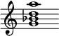 {
  % Rivin lopun pystyviiva ja tahtiosoitus piiloon.
  \override Score.BarLine.break-visibility = ##(#f #t #t)
  \override Staff.TimeSignature #'stencil = ##f
  
  <g' bes' d'' a''>1
}
