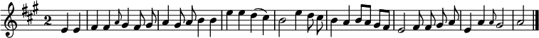 
\relative c' {
  \key a \major
  \override Staff.TimeSignature #'style = #'single-digit
  \time 2/2
  \partial 2
  \autoBeamOff
  e e
  fis fis \grace a8 gis4 fis8 gis
  a4 gis8 a b4 b
  e e d( cis)
  b2 e4 d8 cis
  b4 a b8[ a] gis[ fis]
  e2 fis8 fis gis a
  e4 a \grace a8 gis2
  a
  \bar "|."
}
