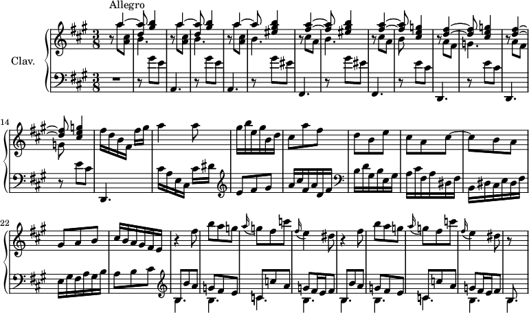 
\version "2.18.2"
\header {
 tagline = ##f
 % composer = "Domenico Scarlatti"
 % opus = "K. 221"
 % meter = "Allegro"
}

%% les petites notes
%trillBesp = { \tag #'print { bes4.\prall } \tag #'midi { c32 bes c bes~ bes4 } }

upper = \relative c'' {
 \clef treble 
 \key a \major
 \time 3/8
 \tempo 4. = 70
 \set Staff.midiInstrument = #"harpsichord"
 \override TupletBracket.bracket-visibility = ##f

 s8*0^\markup{Allegro}
 \repeat unfold 2 { r8 << { a'4~ | < d, a' >8 < gis b >4 } \\ { a8 < a, cis > | b4. } >> } |
 r8 << { a'4~ | a8 < eis gis b >4 } \\ { a8 < a, cis > | b4. } >> | 
 % ms. 7
 r8 << { < fis' a >4~ | < fis a >8 < eis gis b >4 } \\ { cis8 a | b4. } >> |
 r8 << { < fis' a >4~ | < fis a >8 < cis e g >4 } \\ { cis8 a | b8 } >> |
 r8 << { < d fis >4~ | < d fis >8 < cis e g >4 } \\ { a8 fis | g4. } >> |
 r8 << { < d' fis >4~ | < d fis >8 < cis e g >4 } \\ { a8 fis | g8 } >> |
 % ms. 5
 fis'16 d b fis fis'[ gis] | a4 a8 | gis16 b e, gis b, d | cis8 a' fis | d b e |
 % ms. 20
 cis8 a cis~ | cis b a | gis a b | cis16 b a gis fis e | \repeat unfold 2 { r4 fis'8 | b a g |
 % ms. 26
 \appoggiatura a16 g8 fis c' | \appoggiatura fis,16 e4 | dis8 } 
 % ms. 32
 r8 

}

lower = \relative c' {
 \clef bass
 \key a \major
 \time 3/8
 \set Staff.midiInstrument = #"harpsichord"
 \override TupletBracket.bracket-visibility = ##f

 % ************************************** \appoggiatura a8 \repeat unfold 2 { } \times 2/3 { } \omit TupletNumber 
 R4. | \repeat unfold 2 { r8 gis'8 e | a,,4. } | \repeat unfold 2 { r8 gis''8 eis | fis,,4. } |
 % ms. 10
 \repeat unfold 3 { r8 e''8 cis | d,,4. } | 
 % ms. 16
 cis''16 a e cis cis'[ dis] | \clef treble e8 fis gis | a16 cis fis, a d, fis | \clef bass b, d gis, b e, gis |
 % ms. 20
 a16 cis fis, a dis, fis | b, dis cis e dis fis | e gis fis a gis b | a8 b cis | \clef treble \repeat unfold 2 { << { b8 b'a | g fis e | c c' a | g fis16 e fis8 } \\ { \mergeDifferentlyDottedOn b,4. b c b } >> } << { b8 } \\ { b4. } >>
 % ms. 26
 

}

thePianoStaff = \new PianoStaff <<
 \set PianoStaff.instrumentName = #"Clav."
 \new Staff = "upper" \upper
 \new Staff = "lower" \lower
 >>

\score {
 \keepWithTag #'print \thePianoStaff
 \layout {
 #(layout-set-staff-size 17)
 \context {
 \Score
 \override SpacingSpanner.common-shortest-duration = #(ly:make-moment 1/2)
 \remove "Metronome_mark_engraver"
 }
 }
}

\score {
 \keepWithTag #'midi \thePianoStaff
 \midi { }
}
