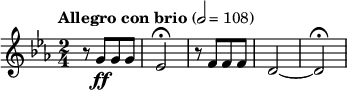 {\\clef treble \\key c \\minor \\set Staff.midiInstrument=#"violin"\\tempo"Allegro con brio"2=108\\time 2/4r8g'\\ff[g'g']ees'2\\fermata r8f'[f'f']d'2~d'\\fermata}