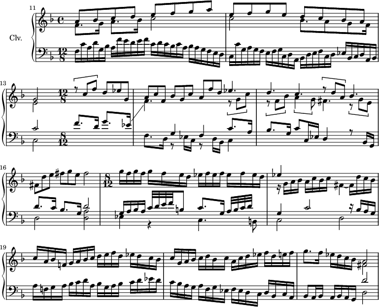 
\version "2.18.2"
\header {
 tagline=##f
}
upper=\relative c'' {
 \clef treble
 \key f \major
 \time 12/8
 \set Staff.timeSignatureFraction=4/4
 \tempo 4=60
 \set Score.currentBarNumber=#11
 \override TupletBracket.bracket-visibility=##f
 \bar ""

 << { a8 bes c d e f g a|e f g e d c bes a|g2 } \\ { f8.*8/9 g16*4/3 a8.*8/9 bes16*4/3 c2|c2 bes8.*8/9 a8 g f16*4/3|e2 } >>
 \set Staff.timeSignatureFraction=12/8
 << { \times 2/3 { r8 c' f } \times 2/3 { d ees g, } \times 2/3 { a8 c f, } \times 2/3 { bes8 g c } \times 2/3 { a8 f' d } } \\ { \stemUp \change Staff="lower" f,8. d16 g8. ees16 \showStaffSwitch \stemDown \change Staff="upper" f4. } >>
 << { \times 2/3 { ees'4. }|\times 2/3 { d } \times 2/3 { c } \times 2/3 { r8 d a } \times 2/3 { bes4. } } \\ { \times 2/3 { r8 g c } \times 2/3 { r8 f, bes } \times 2/3 { a4 g8 } \times 2/3 { fis4. } \times 2/3 { r8 g e } } >>
 \times 2/3 { fis d' e } \times 2/3 { fis g e } fis2

 \time 4/4
 \set Staff.timeSignatureFraction=8/12
 g16 f g f g f e d ees f ees f ees f ees d 
 << { ees4 } \\ { r16 g, a bes a c bes c fis,4~ fis16 d' c bes|} >>
 c16 a bes f! g a bes c d e f d ees d c bes|c g a bes c d bes c a c d ees f d e! f g8. f16 ees d c bes 
 << { a2 } \\ { fis2 } >>

}

lower=\relative c {
 \clef bass
 \key f \major
 \time 4/4
 \set Staff.timeSignatureFraction=12/8
 \override TupletBracket.bracket-visibility=##f

 \times 2/3 { f16[ c' a d g, bes] a[ f' e d e f] c[ d c bes c a] bes[ a g f e d]|
 c[ c' g a g f] e[ f g c, d a] bes[ d e f c d] ees[ bes c d a bes] }
 << { c'2 } \\ { c,2 } >> \time 4/4
 \set Staff.timeSignatureFraction=8/12
 << { s2. g'4 f c'8. a16 bes8. g16 c8 c,16 ees d4 r8 bes16 g } \\ { s2 f'8. d16 r8 ees16 c r8 d16 bes c4 } >>
 << { d'8. c16 bes8. g16 d'2|g,16 a bes a c32 d e f b,!8 c8. g16 a32 b c d s8 g,4 c2 r16 bes a g } \\ { d2 < a' d, >|ees4 r4 c4. b!8|c2 d } >>
 a'16 f! g a bes c d a bes g a bes c d ees d|c bes a g a f g ees f ees d c d bes c a |bes8 a16 bes a bes a g 
 << { d''2 } \\ { d,2 } >>
 
}

\score {
 \new PianoStaff <<
 \set PianoStaff.instrumentName=#"Clv."
 \new Staff="upper" \upper
 \new Staff="lower" \lower
 >>
 \layout {
 #(layout-set-staff-size 17)
 \context {
 \Score
 \override SpacingSpanner.common-shortest-duration=#(ly:make-moment 1/2)
 \omit TupletNumber
 \remove "Metronome_mark_engraver"
 }
 }
 \midi { \set Staff.midiInstrument=#"harpsichord" }
}
