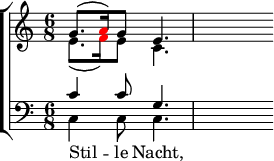 
\version "2.14.2"
\header {
  tagline = ##f
        }
upper = \relative c'' {
  \key c \major
  \time 6/8
  \tempo 8 = 92
       <<
         {
           \voiceOne
           g8.( \tweak NoteHead.color #red a16) g8 e4. s8 }
                     \addlyrics {
                     Stil -- le Nacht, }
         \new Voice {
           \voiceTwo
           e8.( \tweak NoteHead.color #red f16) e8 c4. }
          
       >>
                }

lower = \relative c' {
  \clef bass
  \key c \major
  \time 6/8

       <<
         {
           \voiceOne
           c4 c8 g4. s8 }
         \new Voice {
           \voiceTwo
           c,4 c8 c4. }
       >>
}

\score {
  \new ChoirStaff <<
    \new Staff = "upper" \upper
    \new Staff = "lower" \lower
  >>
  \layout {
    \context {
      \Score
      \remove "Metronome_mark_engraver"
    }
  }
  \midi { }
}
