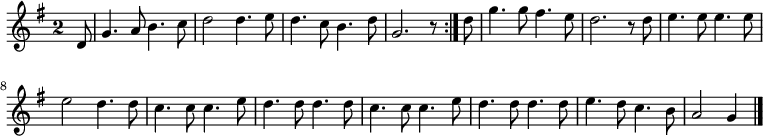 
\relative c' {
  \key g \major
  \override Staff.TimeSignature #'style = #'single-digit
  \time 2/2
  \partial 8
  \autoBeamOff
  \repeat volta 2 {
    d8
    g4. a8 b4. c8
    d2 d4. e8
    d4. c8 b4. d8
    g,2. r8
  } d'
  g4. g8 fis4. e8
  d2. r8 d

  e4. e8 e4. e8
  e2 d4. d8
  c4. c8 c4. e8
  d4. d8 d4. d8
  c4. c8 c4. e8
  d4. d8 d4. d8
  e4. d8 c4. b8
  a2 g4
  \bar "|."
}
