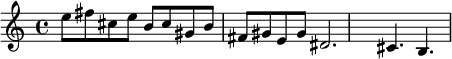 \relative e' {e'8 fis cis e b cis gis b fis gis <e> gis <dis>2. <cis>4. <b>4.} 