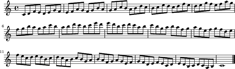 
{

\modalTranspose c c' { c d e f g a b } { c8 d f e } 
\modalTranspose c d' { c d e f g a b } { c d f e } 
\modalTranspose c e' { c d e f g a b } { c d f e } 
\modalTranspose c f' { c d e f g a b } { c d f e } 
\modalTranspose c g' { c d e f g a b } { c d f e } 
\modalTranspose c a' { c d e f g a b } { c d f e } 
\modalTranspose c b' { c d e f g a b } { c d f e } 
\modalTranspose c c'' { c d e f g a b } { c d f e } 
\modalTranspose c d'' { c d e f g a b } { c d f e } 
\modalTranspose c e'' { c d e f g a b } { c d f e } 
\modalTranspose c f'' { c d e f g a b } { c d f e } 
\modalTranspose c g'' { c d e f g a b } { c d f e } 
\modalTranspose c a'' { c d e f g a b } { c d f e } 
\modalTranspose c b'' { c d e f g a b } { c d f e } 

\modalInversion c e''' { c d e f g a b } { c d f e } 
\modalInversion c d''' { c d e f g a b } { c d f e } 
\modalInversion c c''' { c d e f g a b } { c d f e } 
\modalInversion c b'' { c d e f g a b } { c d f e } 
\modalInversion c a'' { c d e f g a b } { c d f e } 
\modalInversion c g'' { c d e f g a b } { c d f e } 
\modalInversion c f'' { c d e f g a b } { c d f e } 
\modalInversion c e'' { c d e f g a b } { c d f e } 
\modalInversion c d'' { c d e f g a b } { c d f e } 
\modalInversion c c'' { c d e f g a b } { c d f e } 
\modalInversion c b' { c d e f g a b } { c d f e } 
\modalInversion c a' { c d e f g a b } { c d f e } 
\modalInversion c g' { c d e f g a b } { c d f e } 
\modalInversion c f' { c d e f g a b } { c d f e } 
\modalInversion c e' { c d e f g a b } { c d f e } 
\modalInversion c d' { c d e f g a b } { c d f e } 


c'1

\bar "|."
}
