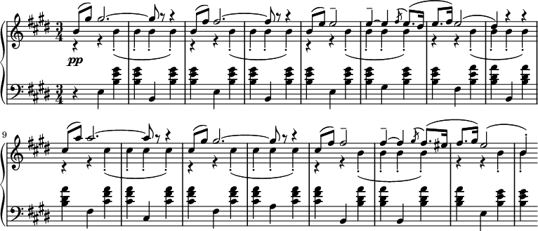 
 \relative b' {
 \new PianoStaff <<
 \new Staff { \key cis \minor \time 3/4
 <<
 {
 b8( gis') gis2.~ gis8 r r4 b,8( fis') fis2.~ fis8 r r4 b,8( e) e2-- e4--~ e4 \slashedGrace fis8( e8.)( dis16 e8. fis16) e2( dis4) r r cis8( a') a2.~ a8 r r4 cis,8( gis') gis2.~ gis8 r r4 cis,8( fis) fis2-- fis4--~ fis4 \slashedGrace gis8( fis8.)( eis16 fis8. gis16) e2( b4-.)
 }
 \\
 {
 r4 r b4-.( b-. b-. b-.) r4 r b4-.( b-. b-. b-.) r r b4-.( b-. b-. b-.) r r b4-.( b-. b-. b-.) r r cis4-.( cis-. cis-. cis-.) r4 r cis4-.( cis-. cis-. cis-.) r4 r b4-.( b-. b-. b-.) r4 r b4-. b-.
 }
 >>
 }
 \new Dynamics {
 s4\pp
 }
 \new Staff { \key cis \minor \time 3/4 \clef bass
 r e,, <b' e gis> <b e gis> b, <b' e gis> <b e gis> e, <b' e gis> <b e gis> b, <b' e gis> <b e gis> e, <b' e gis> <b e gis> gis <b e gis> <b e gis> fis <b e a> <b dis a'> b, <b' dis a'> <b dis a'> fis <cis' fis a> <cis fis a> cis, <cis' fis a> <cis fis a> fis, <cis' fis a> <cis fis a> a <cis fis a> <cis fis a> b, <b' dis a'> <b dis a'> b, <b' dis a'> <b dis a'> e, <b' e gis> <b e gis>
 }
 >>
 }
