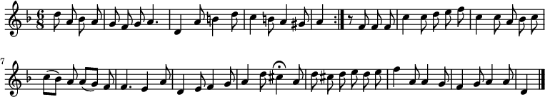 
\relative c'' {
  \key d \minor
  \time 6/8
  \partial 2
  \autoBeamOff
  \repeat volta 2 {
    d8 a bes a
    g f g a4.
    d,4 a'8 b4 d8
    c4 b8 a4 gis8
    a4
  }
  r8 f f f
  c'4 c8 d e f
  c4 c8 a bes c

  c[( bes]) a a[( g]) f
  f4. e4 a8
  d,4 e8 f4 g8
  a4 d8 cis4\fermata a8
  d cis d e d e
  f4 a,8 a4 g8
  f4 g8 a4 a8
  d,4
  \bar "|."
}
