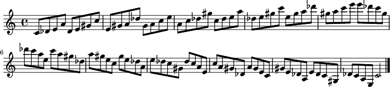 
{

\modalTranspose c c' { c des e gis a } { c8 des e a } 
\modalTranspose c des' { c des e gis a } { c des e a } 
\modalTranspose c e' { c des e gis a } { c des e a } 
\modalTranspose c gis' { c des e gis a } { c des e a } 
\modalTranspose c a' { c des e gis a } { c des e a } 
\modalTranspose c c'' { c des e gis a } { c des e a } 
\modalTranspose c des'' { c des e gis a } { c des e a } 
\modalTranspose c e'' { c des e gis a } { c des e a } 
\modalTranspose c gis'' { c des e gis a } { c des e a } 

\modalInversion c e''' { c des e gis a } { c des e a } 
\modalInversion c des''' { c des e gis a } { c des e a } 
\modalInversion c c''' { c des e gis a } { c des e a } 
\modalInversion c a'' { c des e gis a } { c des e a } 
\modalInversion c gis'' { c des e gis a } { c des e a } 
\modalInversion c e'' { c des e gis a } { c des e a } 
\modalInversion c des'' { c des e gis a } { c des e a } 
\modalInversion c c'' { c des e gis a } { c des e a } 
\modalInversion c a' { c des e gis a } { c des e a } 
\modalInversion c gis' { c des e gis a } { c des e a } 
\modalInversion c e' { c des e gis a } { c des e a } 
\modalInversion c des' { c des e gis a } { c des e a } 

c'2

\bar "|."
}
