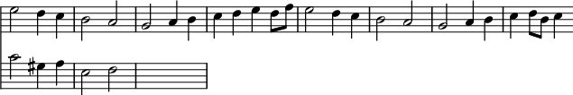 { << \new Staff \relative e'' { \override Score.BarNumber #'break-visibility = #'#(#f #f #f) \override Score.TimeSignature #'stencil = ##f \override Score.Clef #'stencil = ##f
  e2 d4 c | b2 a | g a4 b | c d e d8 f | e2 d4 c %end line 1
  b2 a | g a4 b | c d8 b c4 }
\new Staff \relative c' { \clef bass c2 gis4 a | e2 f | s1 | } >> }