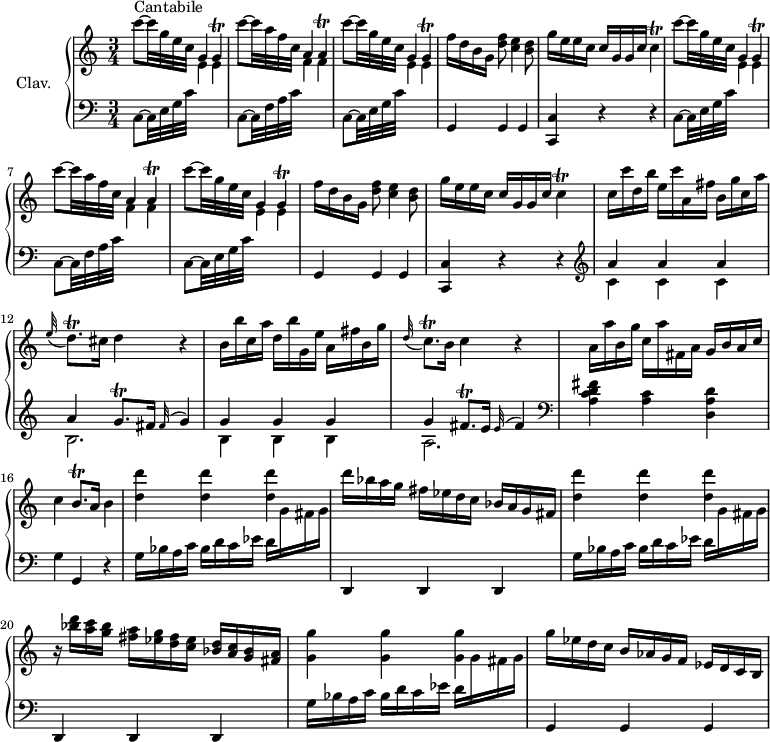 
\version "2.18.2"
\header {
  tagline = ##f
  % composer = "Domenico Scarlatti"
  % opus = "K. 132"
  % meter = "Cantabile"
}

%% les petites notes
trillG       = { \tag #'print { g4\trill } \tag #'midi { a32 g a g~ g8 } }
trillGResp   = { \tag #'print { g4\trill } \tag #'midi { a32 g a g~  \tempo 4 = 45 g8   \tempo 4 = 78 } }
trillA       = { \tag #'print { a4\trill } \tag #'midi { b32 a b a~ a8 } }
trillCResp   = { \tag #'print { c4\trill } \tag #'midi { d32 c d c~ \tempo 4 = 45  c8 \tempo 4 = 78  } }
trillC       = { \tag #'print { c4\trill } \tag #'midi { d32 c d c~ c8 } }
trillDqp     = { \tag #'print { d8.\trill } \tag #'midi { e32 d e d~ d16 } }
trillCqp     = { \tag #'print { c8.\trill } \tag #'midi { d32 c d c~ c16 } }
trillBqp     = { \tag #'print { b8.\trill } \tag #'midi { c32 b c b~ b16 } }
trillGqp     = { \tag #'print { g8.\trill } \tag #'midi { a32 g a g~ g16 } }
trillFisqp   = { \tag #'print { fis8.\trill } \tag #'midi { g32 fis g fis~ fis16 } }

upper = \relative c'' {
  \clef treble 
  \key c \major
  \time 3/4
  \tempo 4 = 78
  \set Staff.midiInstrument = #"harpsichord"
  \override TupletBracket.bracket-visibility = ##f

      s8*0^\markup{Cantabile}
      \repeat unfold 2 { c'8~ c32 g e c g4 \trillG | c'8~ c32 a f c a4 \trillA | c'8~ c32 g e c g4 \trillGResp | f'16 d b g  < d' f >8 < c e >4 < b d >8
      % ms. 5
      g'16 e e c  c g g c \trillCResp } | 
      % ms. 11
      c16 c' d, b' e, c' a, fis' b, g' c, a' | \appoggiatura e32 \trillDqp cis16 d4 r4 |
      % ms. 13
      b16 b' c, a' d, b' g, e' a, fis' b, g' | \appoggiatura d32 \trillCqp b16 c4 r4 | a16 a' b, g' c, a' fis, a g b a c | c4 \trillBqp a16 b4 |
      % ms. 17
      < d d' >4 q q | d'16 bes a g fis ees d c bes a g fis | < d' d' >4 q q |
      % ms. 20
      r16 < bes' d >16 < a c > < g bes >  < fis a > < ees g > < d fis > < c ees >  < bes d > < a c > < g bes > < fis a > | < g g' >4 q q | g'16 ees d c b aes g f ees d c b |

}

lower = \relative c' {
  \clef bass
  \key c \major
  \time 3/4
  \set Staff.midiInstrument = #"harpsichord"
  \override TupletBracket.bracket-visibility = ##f

    % ************************************** \appoggiatura a16  \repeat unfold 2 {  } \times 2/3 { }   \omit TupletNumber 
      \repeat unfold 2 { c,8~ c32 e g c \stemDown \change Staff = "upper"  e4 e \stemNeutral \change Staff = "lower"  |  c,8~ c32 f a c \stemDown \change Staff = "upper" f4 f  \stemNeutral \change Staff = "lower"   |  c,8~ c32 e g c \stemDown \change Staff = "upper"  e4 e \stemNeutral \change Staff = "lower" | g,,4 g g |
      % ms. 5
      < c, c' >4 r4 r4 } |   \clef treble 
      % ms. 11
      << { a'''4 a a | a \trillGqp fis16 \appoggiatura fis32 g4 } \\ { c,4 c c | b2. } >>
      % ms. 13
      << { g'4 g g | g \trillFisqp e16 \appoggiatura e32 fis4 } \\ { b,4 b b | a2. } >>   \clef bass < a c d fis >4 < a c > < d, a' d > | g g, r4 |
      % ms. 17
      \repeat unfold 2 { g'16 bes a c bes d c ees d \stemDown \change Staff = "upper" g fis g \stemNeutral \change Staff = "lower"  | d,,4 d d } | 
      % ms. 21
      g'16 bes a c bes d c ees d \stemDown \change Staff = "upper"  g fis g \stemNeutral \change Staff = "lower"  | g,,4 g g |

}

thePianoStaff = \new PianoStaff <<
    \set PianoStaff.instrumentName = #"Clav."
    \new Staff = "upper" \upper
    \new Staff = "lower" \lower
  >>

\score {
  \keepWithTag #'print \thePianoStaff
  \layout {
      #(layout-set-staff-size 17)
    \context {
      \Score
     \override SpacingSpanner.common-shortest-duration = #(ly:make-moment 1/2)
      \remove "Metronome_mark_engraver"
    }
  }
}

\score {
  \keepWithTag #'midi \thePianoStaff
  \midi { }
}
