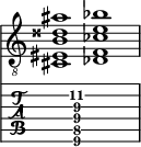  
<<
  %\override Score.BarLine.break-visibility = ##(#f #t #t)
  \time 2/1
    \new Staff  {
    \clef "treble_8"
        \once \override Staff.TimeSignature #'stencil = ##f
        <cis eis b disis' ais' >1 | <des f ces' e' bes' >1 |
    }

     \new TabStaff {
       \override Stem #'transparent = ##t
       \override Beam #'transparent = ##t 
      s2 <cis\6 f\5 b\4 e'\3 ais'\2 >1 s2
  }
>>
