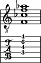  
<<
  %\override Score.BarLine.break-visibility = ##(#f #t #t)
  \time 1/1
    \new Staff  {
    \clef "treble_8"
        \once \override Staff.TimeSignature #'stencil = ##f
        <  f ces' f' aes'>1
    }

     \new TabStaff {
       \override Stem #'transparent = ##t
       \override Beam #'transparent = ##t 
      <  f\4 b\3 f'\2 gis'\1>1
  }
>>
