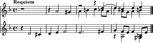 
<<
    \new Staff = "up" \with {
  midiInstrument = "clarinet"
}\relative c' {
  \clef treble 
  \key d \minor
  \time 4/4
  \tempo "Requiem"
  \tempo 4 = 50
   r1
   r4 a'2 gis4
   
   <<{
     r2 r4 d'4(
     d4) cis d e
     } \\ {
     a,4 b4 c bes8 a8 
     d4 a8 g8 a4 b4
   }>>
   \bar "|."
}
  \new Staff = "down" \with {
  midiInstrument = "bassoon"
} \relative c'  {
  \clef treble
  \key d \minor
  \time 4/4
   r4 d2 cis4
   d4 e4 f2
   e2. fis4
   <<{
     g4 f8 e8 f4 b,8 e8
     } \\ {
     r4 a,2 gis4
   }>>

}
  >>
