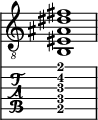  
<<
  %\override Score.BarLine.break-visibility = ##(#f #t #t)
  \time 1/1
    \new Staff  {
    \clef "treble_8"
        \once \override Staff.TimeSignature #'stencil = ##f
        < b, eis ais dis' fis'>1
    }

     \new TabStaff {
       \override Stem #'transparent = ##t
       \override Beam #'transparent = ##t 
      < b,\5 f\4 ais\3 dis'\2 fis'\1>1
  }
>>
